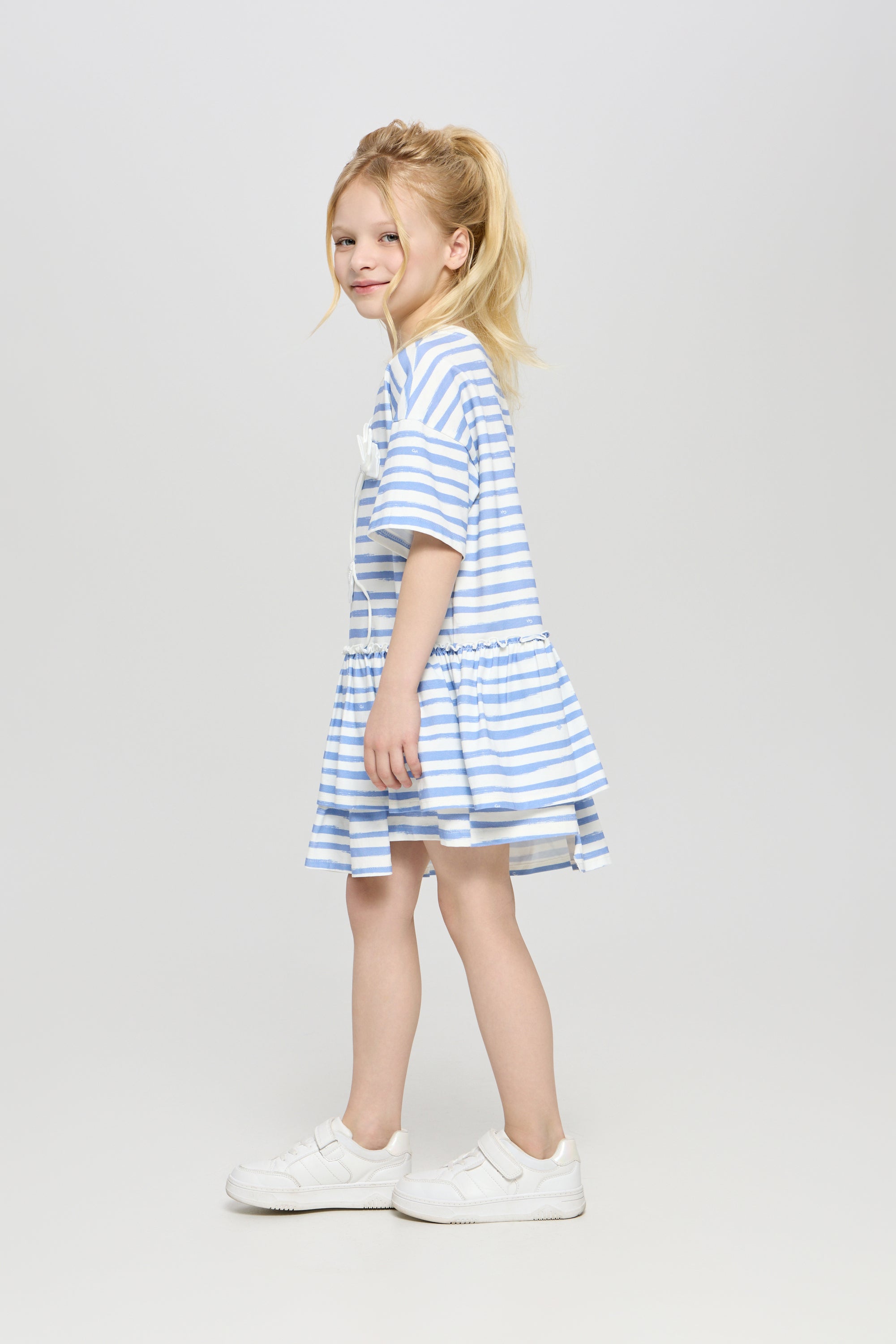 Stripped cotton dress with flower application