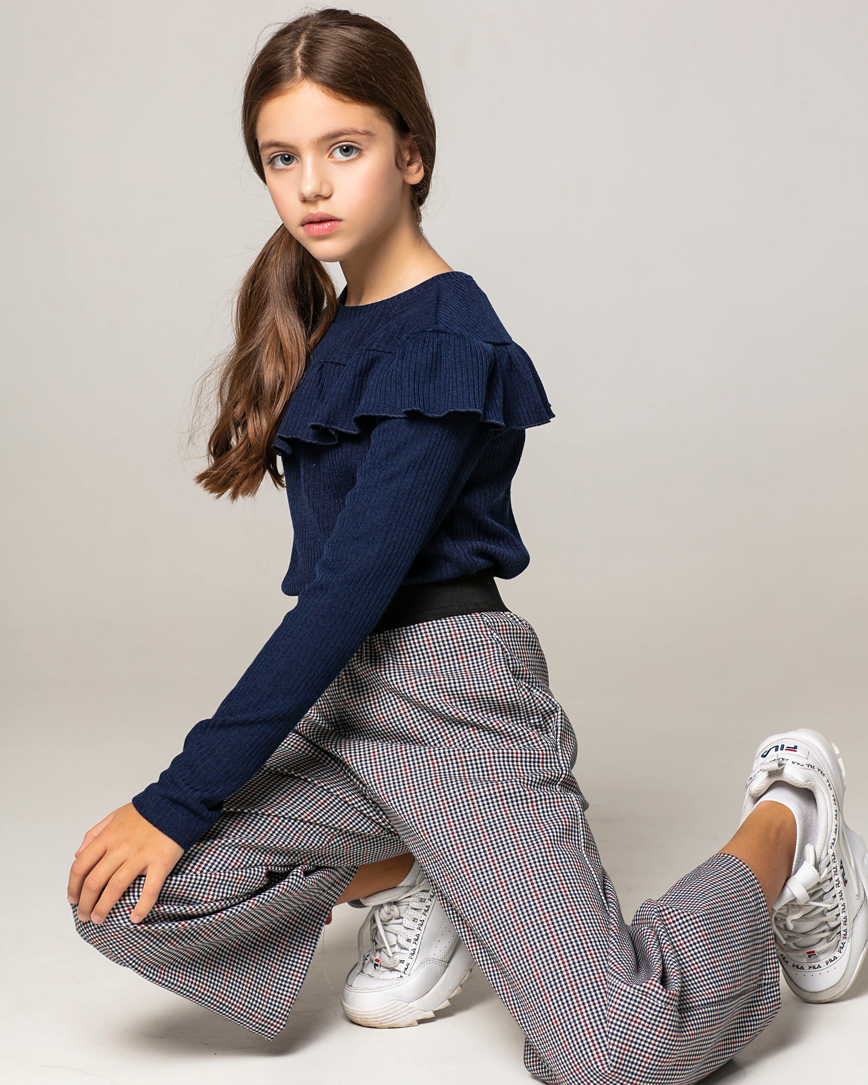 Navy Longsleeve with Ruffle Accent