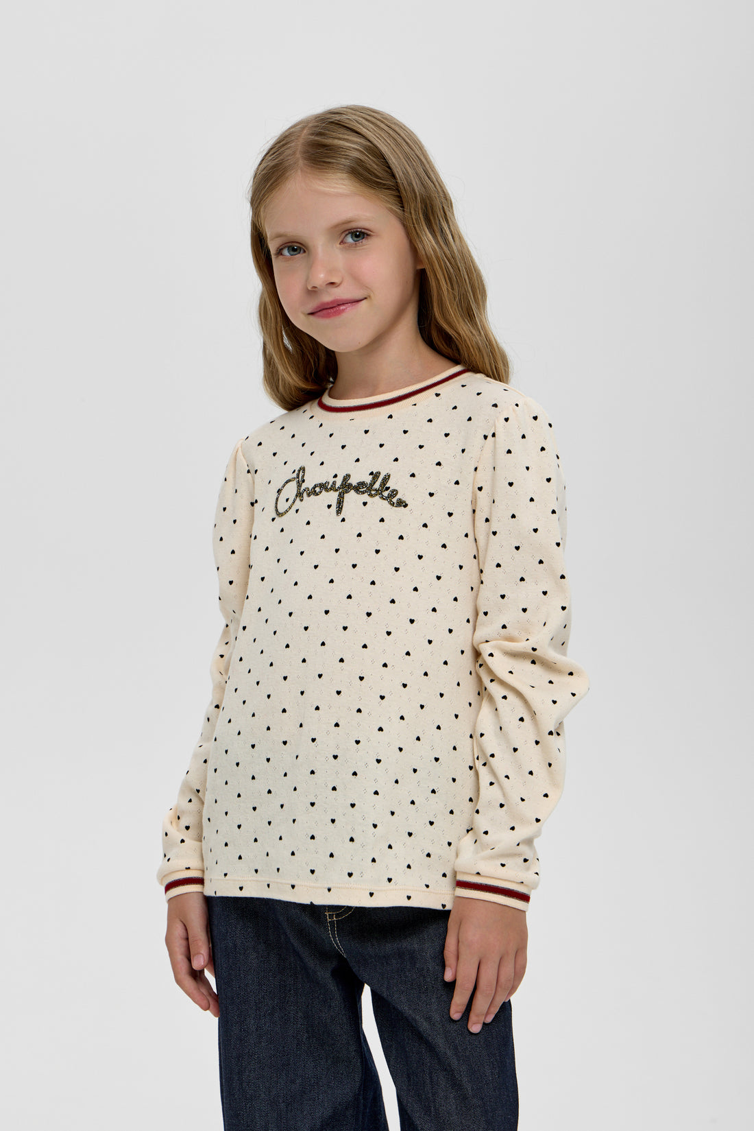 Girls beige longsleeve with hearts