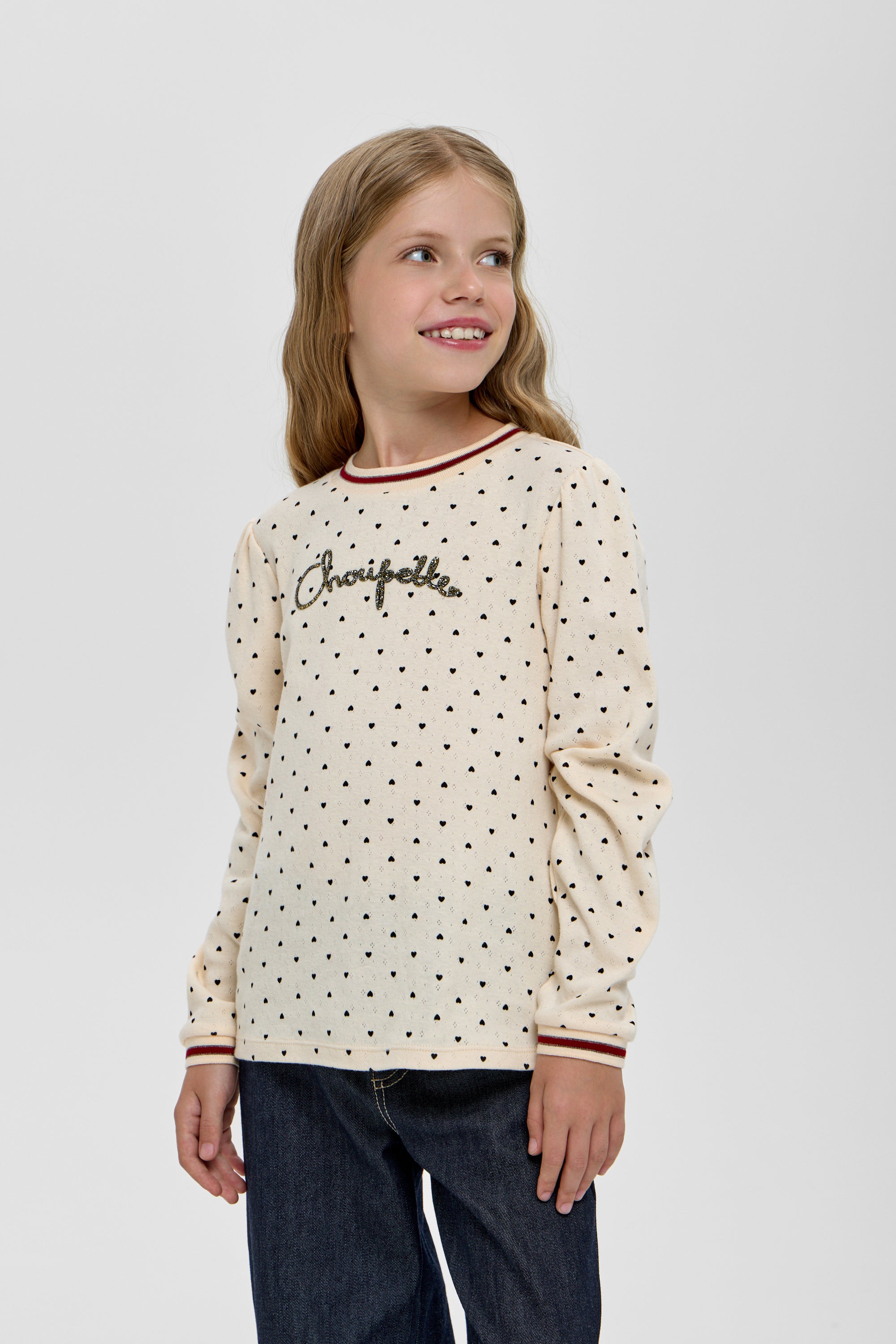 Girls beige longsleeve with hearts