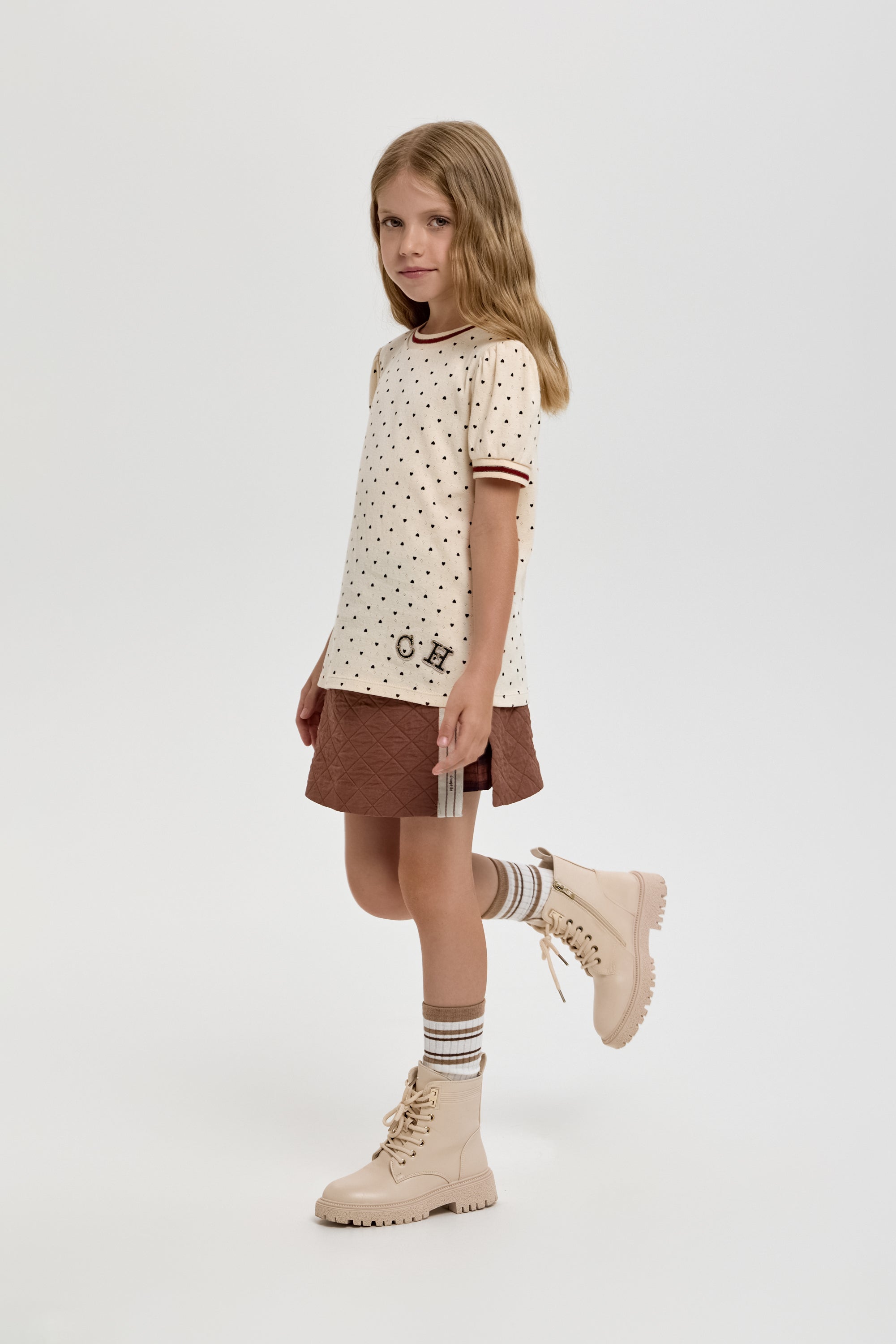 Girls’ Cotton T-Shirt with Heart Print & Detail