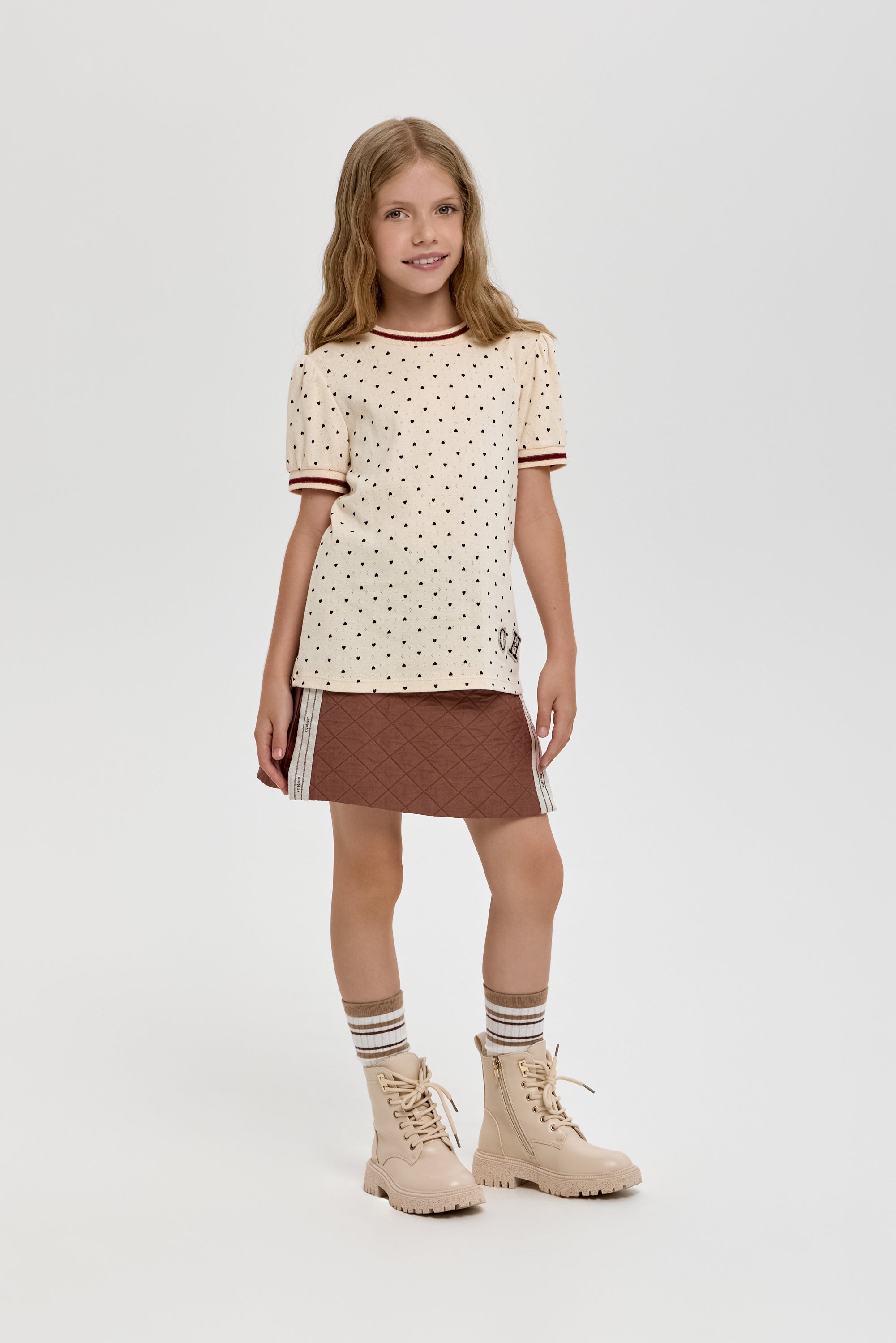 Girls’ Cotton T-Shirt with Heart Print & Detail