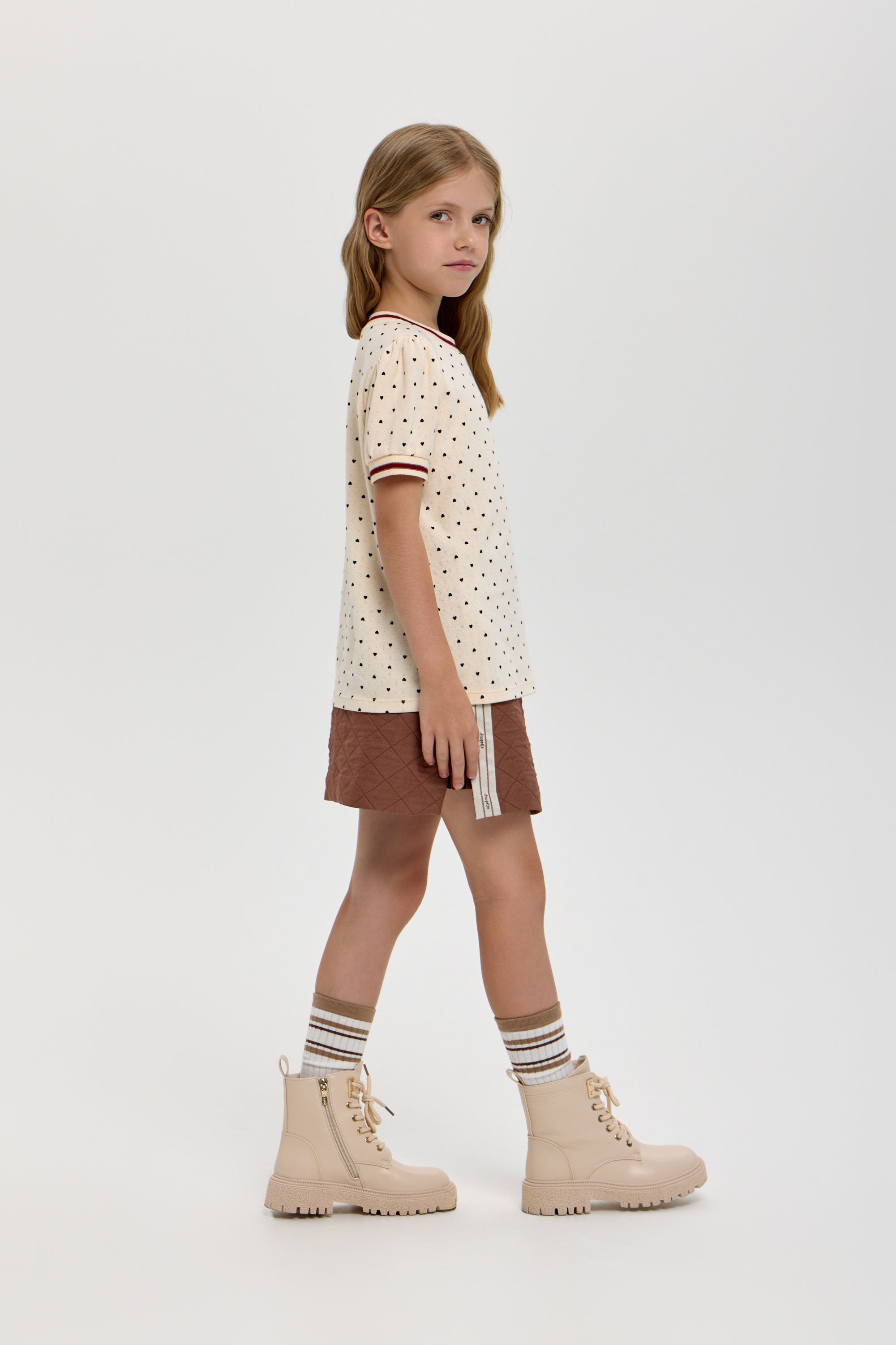 Girls’ Cotton T-Shirt with Heart Print & Detail