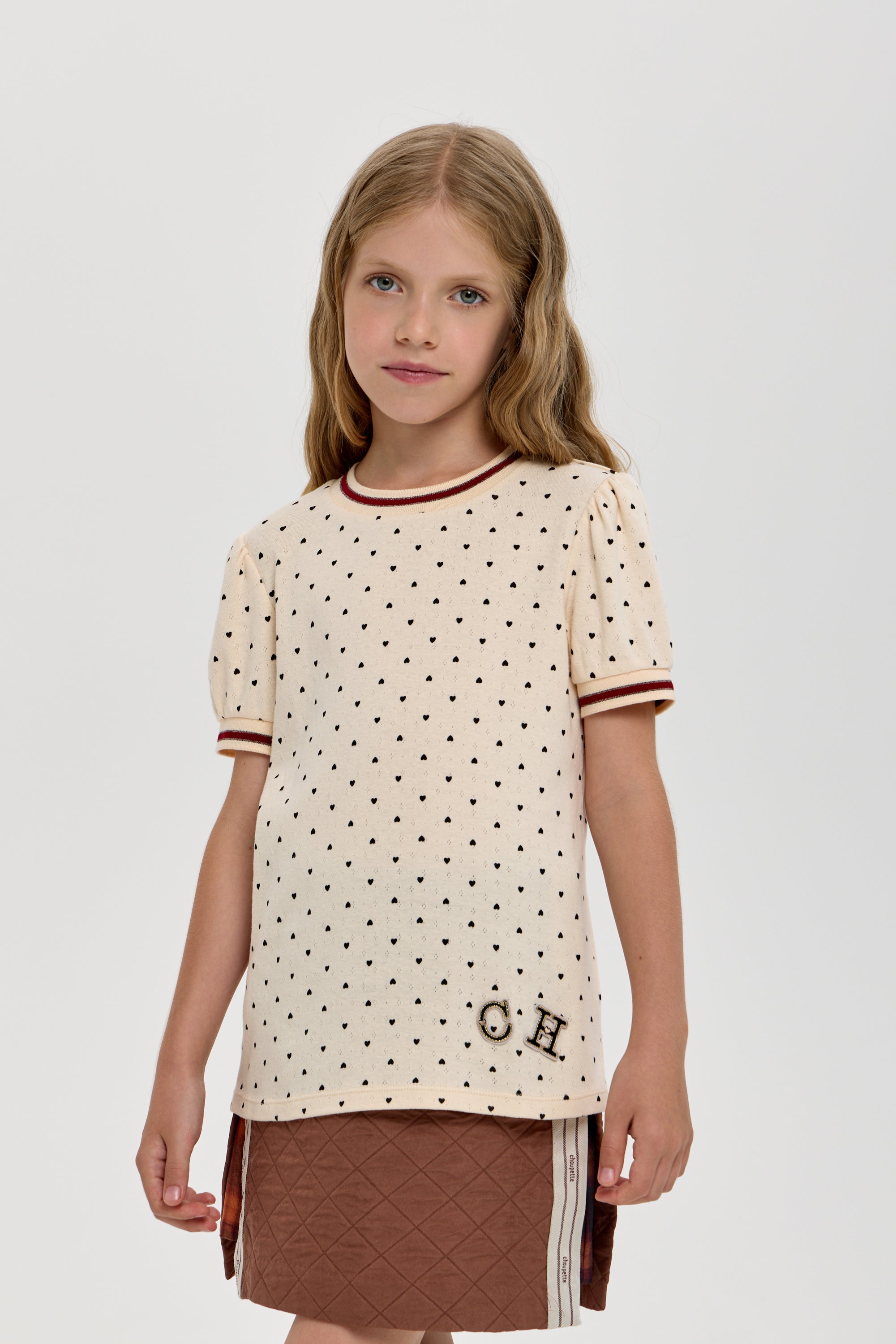 Girls’ Cotton T-Shirt with Heart Print & Detail
