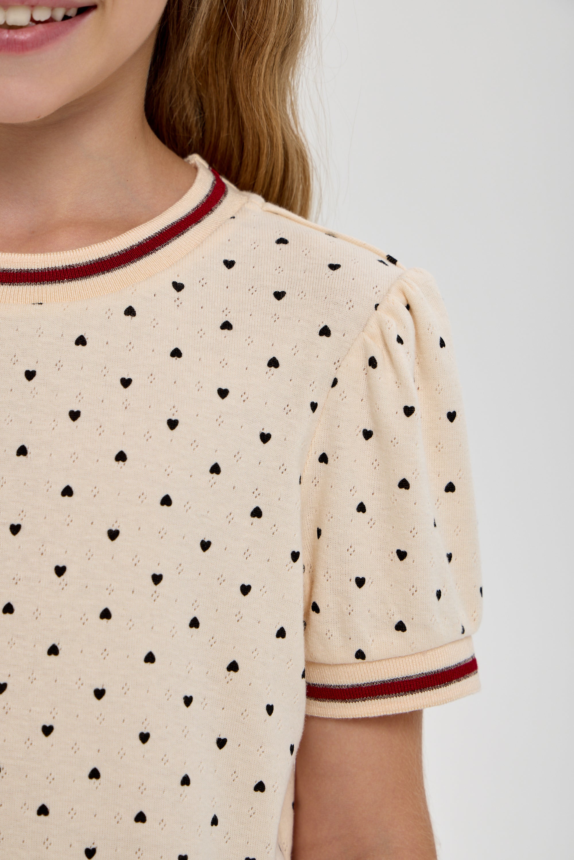 Girls’ Cotton T-Shirt with Heart Print & Detail