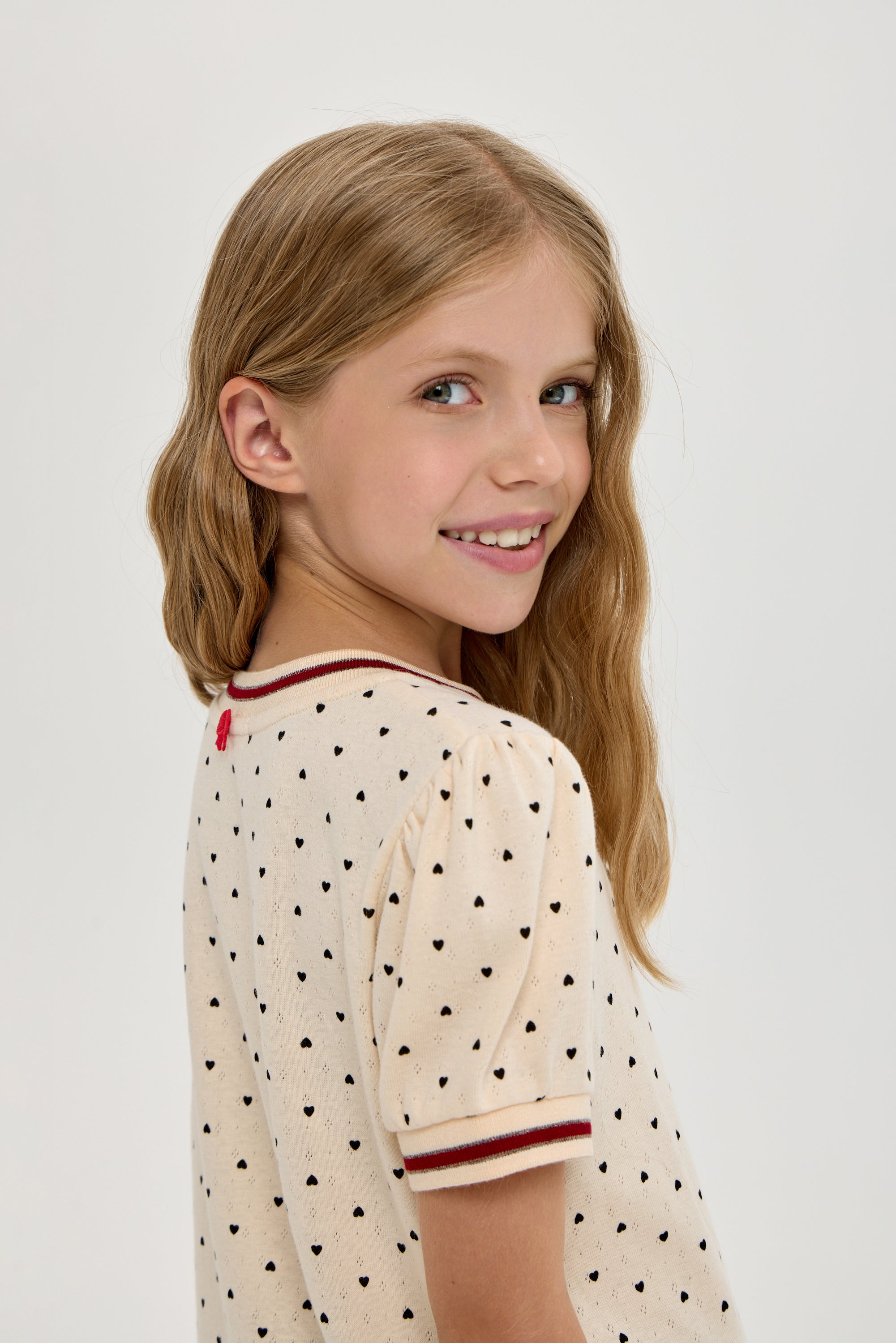 Girls’ Cotton T-Shirt with Heart Print & Detail