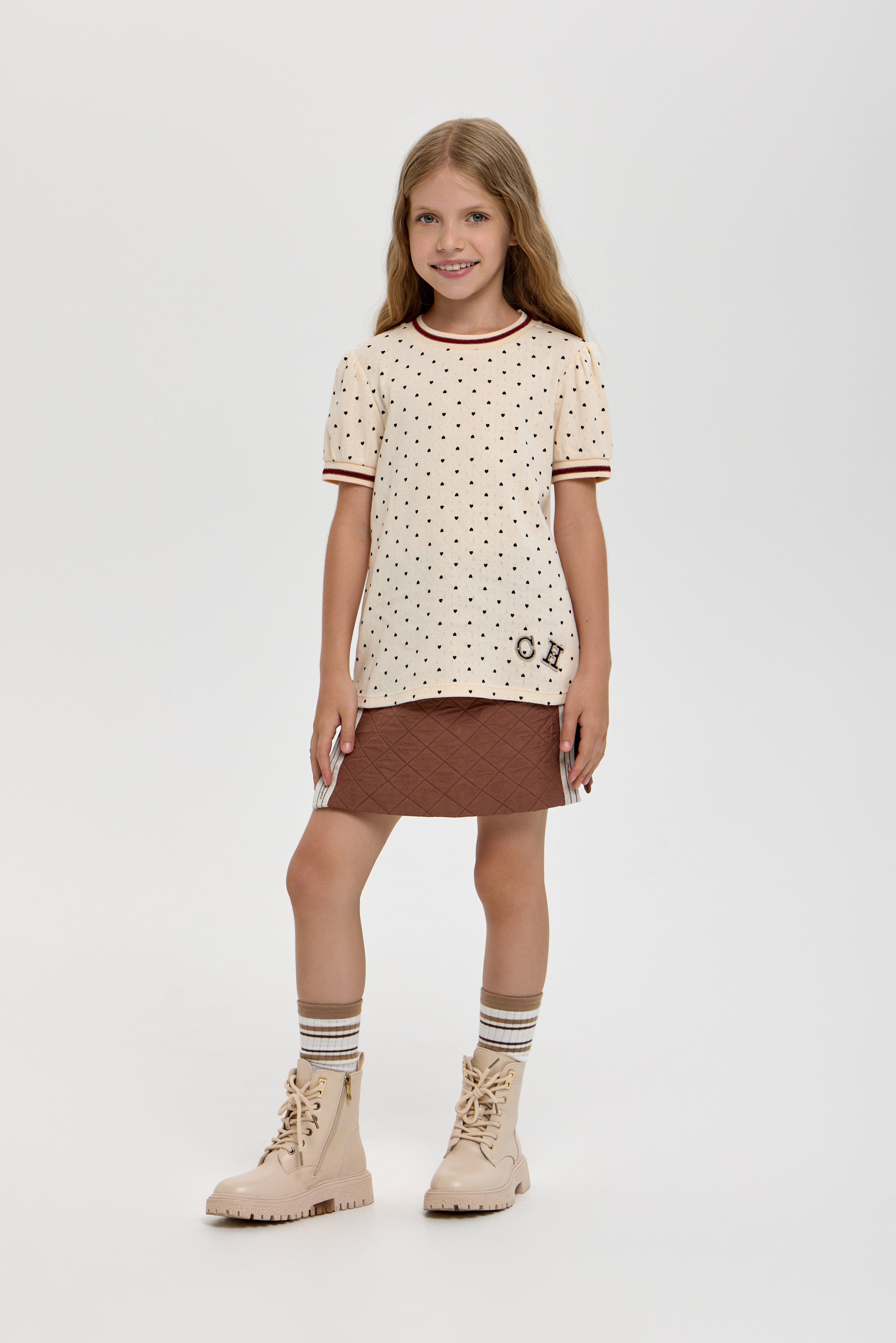 Girls’ Cotton T-Shirt with Heart Print & Detail