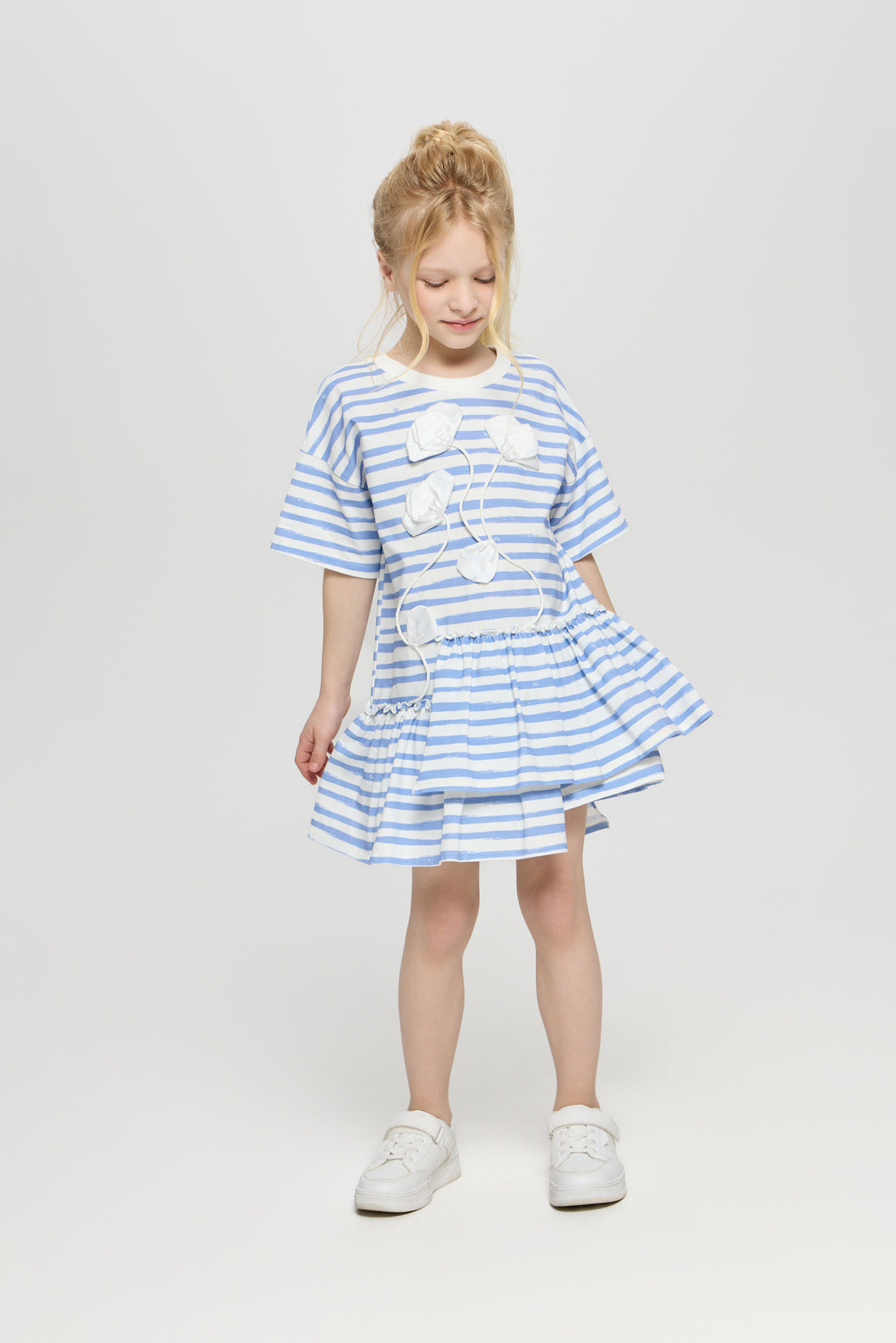 Stripped cotton dress with flower application