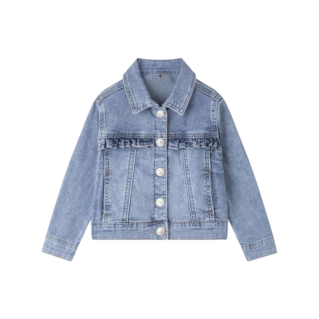 Blue denim jacket with ruffles