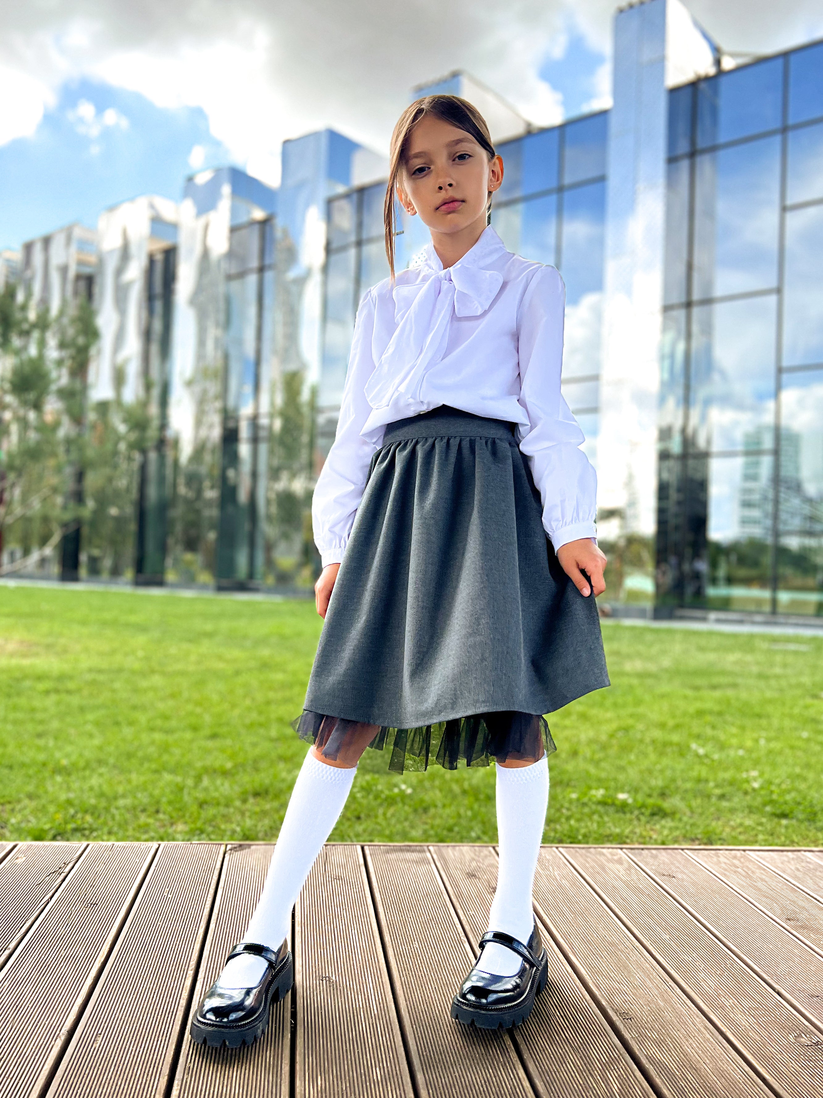 Grey Flared Skirt with Tulle Detail