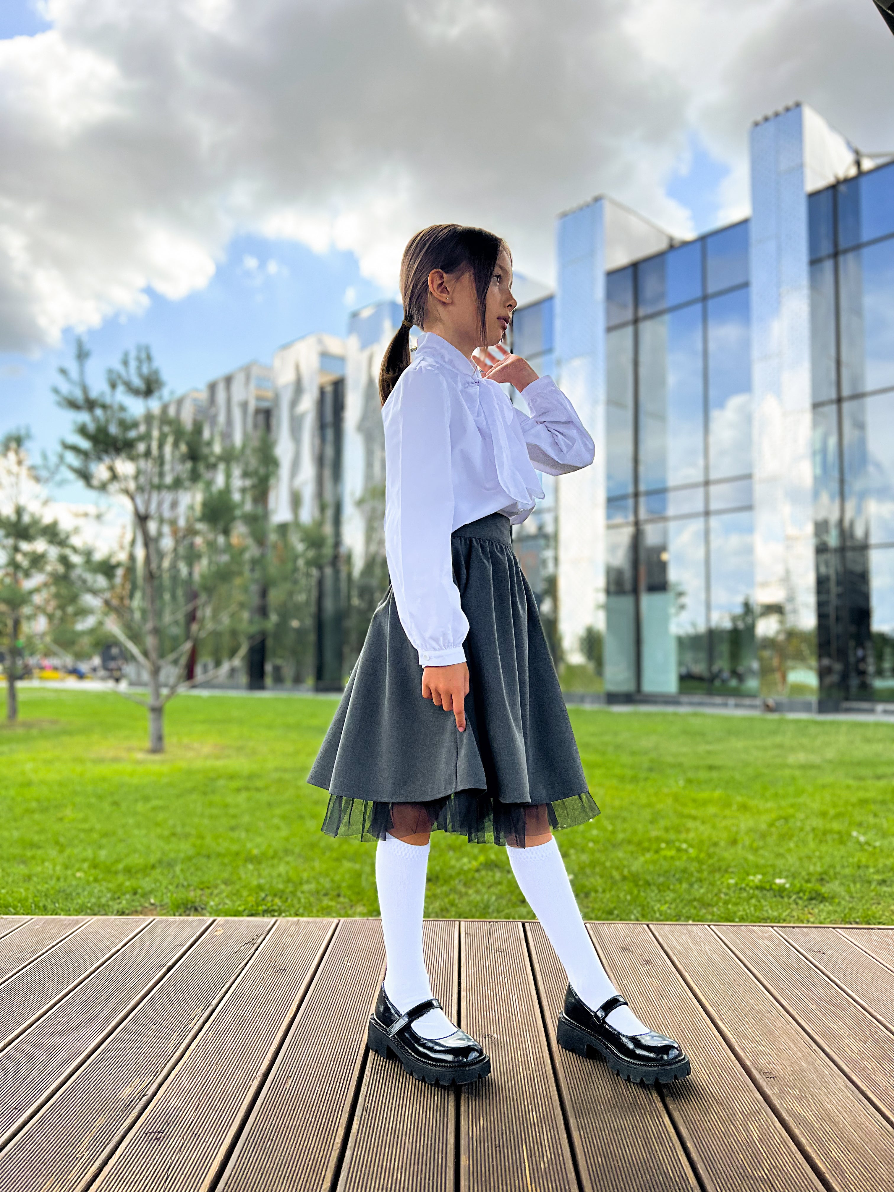Grey Flared Skirt with Tulle Detail