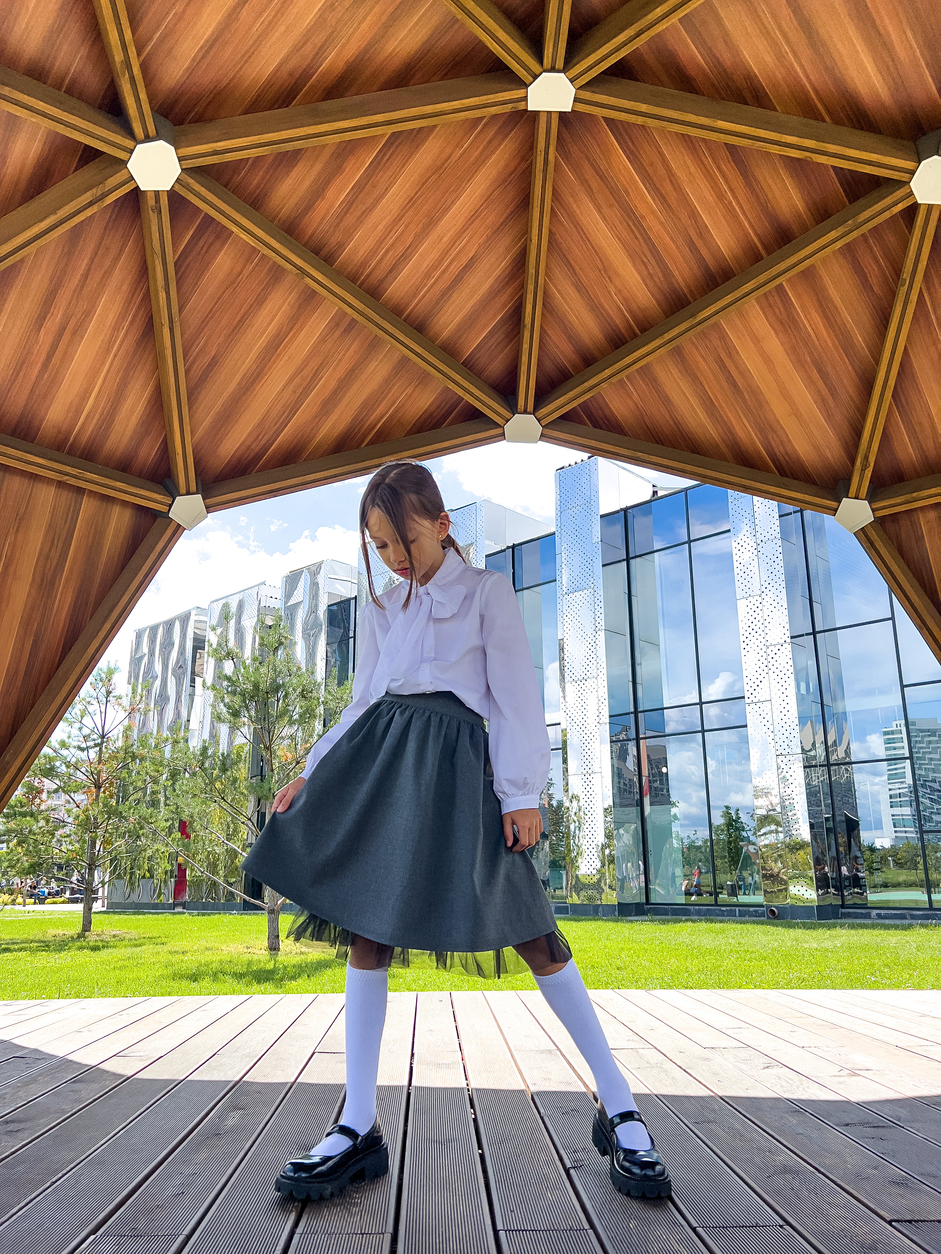 Grey Flared Skirt with Tulle Detail