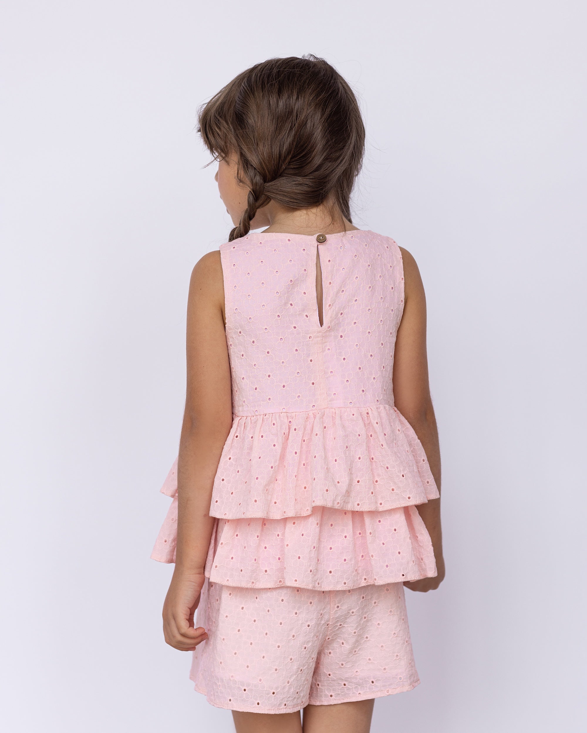 Καλοκαιρινό ροζ σετ με βολάν και κεντήματα