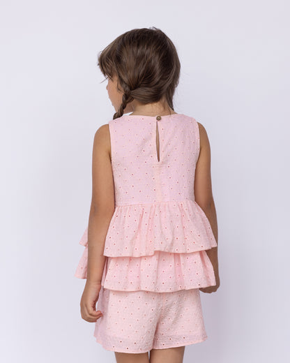 Καλοκαιρινό ροζ σετ με βολάν και κεντήματα