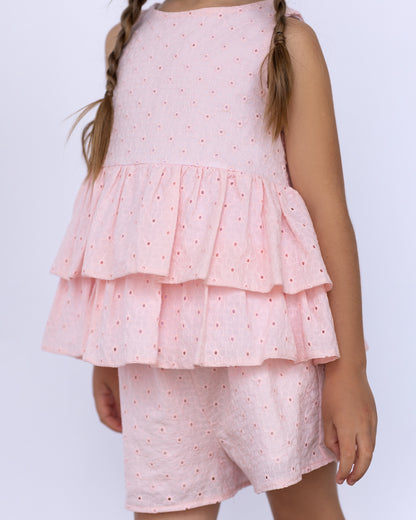 Καλοκαιρινό ροζ σετ με βολάν και κεντήματα