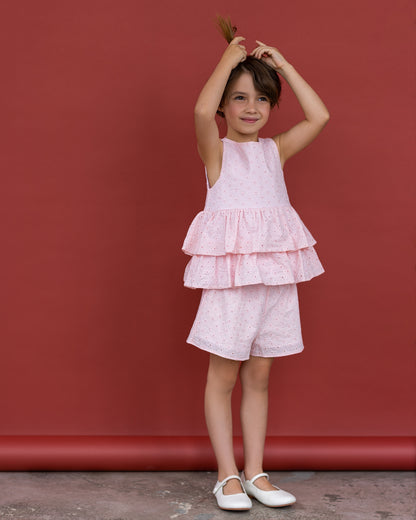 Καλοκαιρινό ροζ σετ με βολάν και κεντήματα