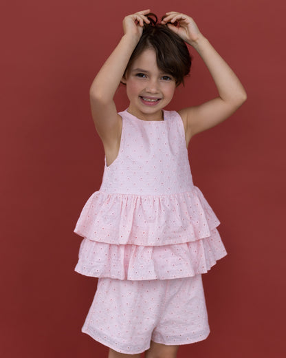 Καλοκαιρινό ροζ σετ με βολάν και κεντήματα