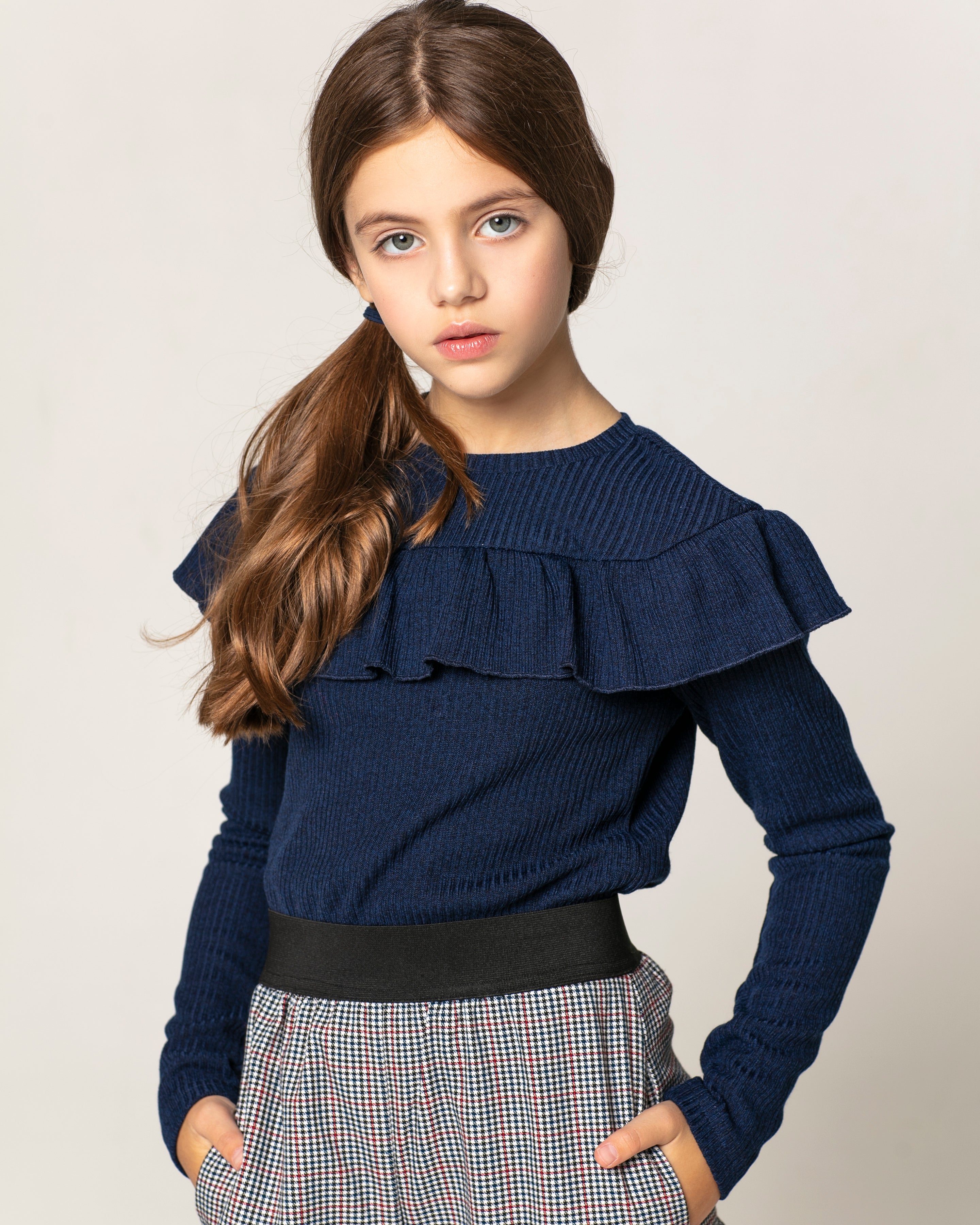 Navy Longsleeve with Ruffle Accent