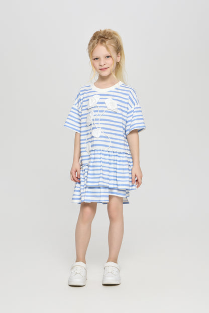 Stripped cotton dress with flower application