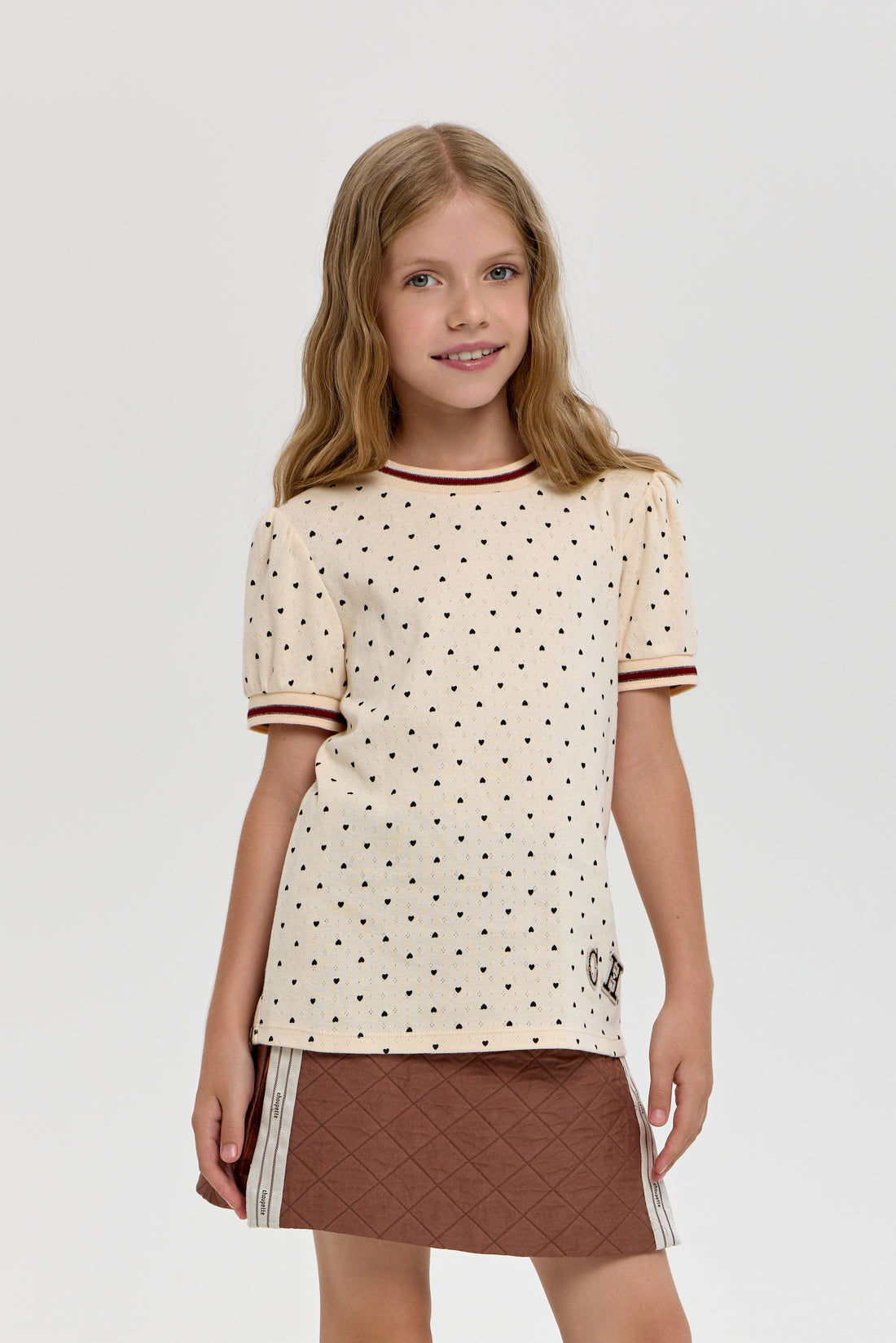 Girls’ Cotton T-Shirt with Heart Print &amp; Detail