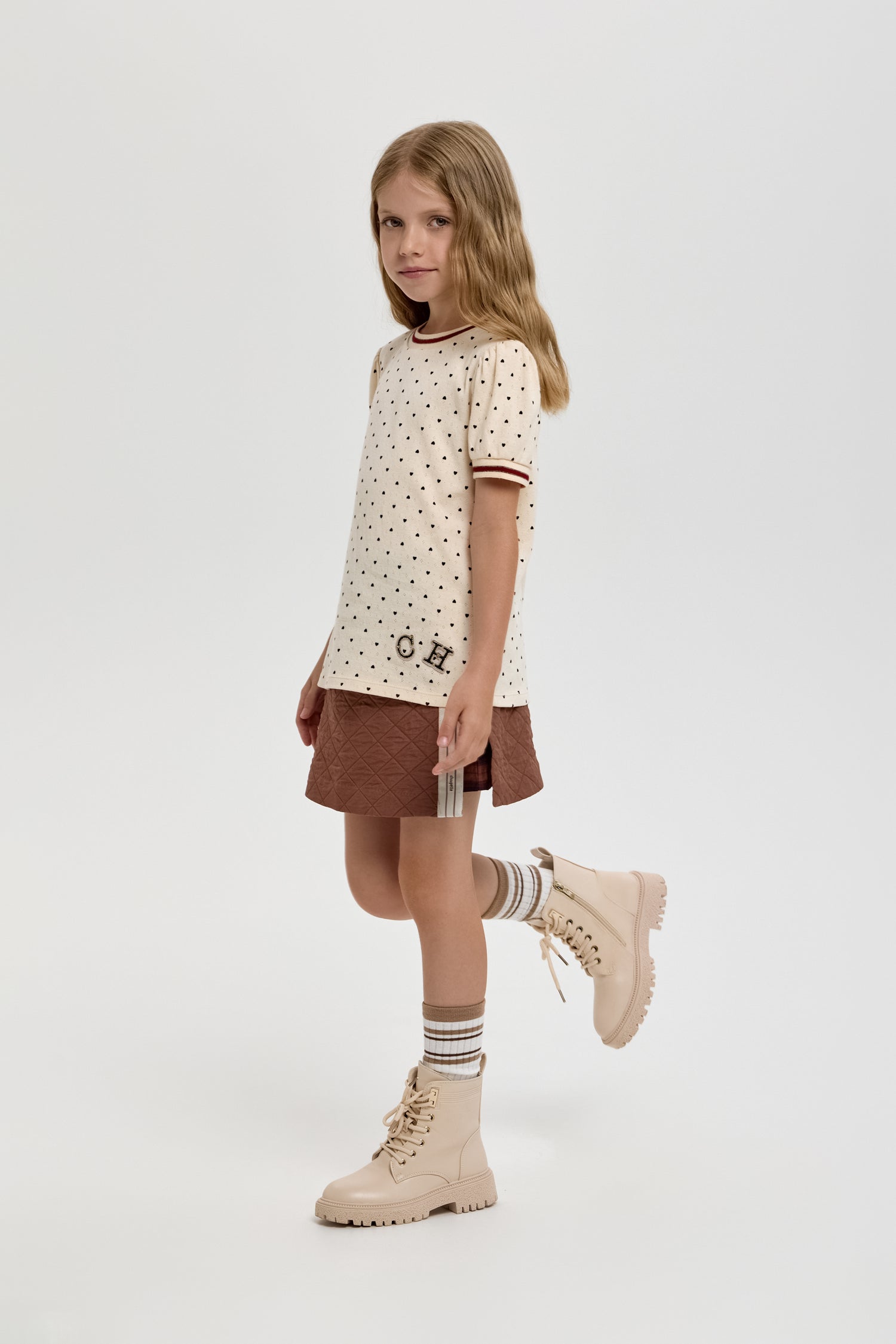 Girls’ Cotton T-Shirt with Heart Print &amp; Detail