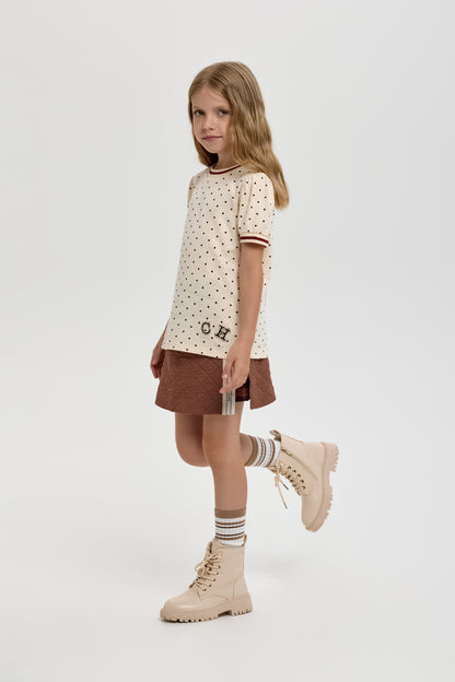 Girls’ Cotton T-Shirt with Heart Print &amp; Detail