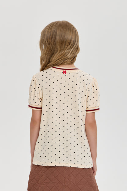 Girls’ Cotton T-Shirt with Heart Print &amp; Detail