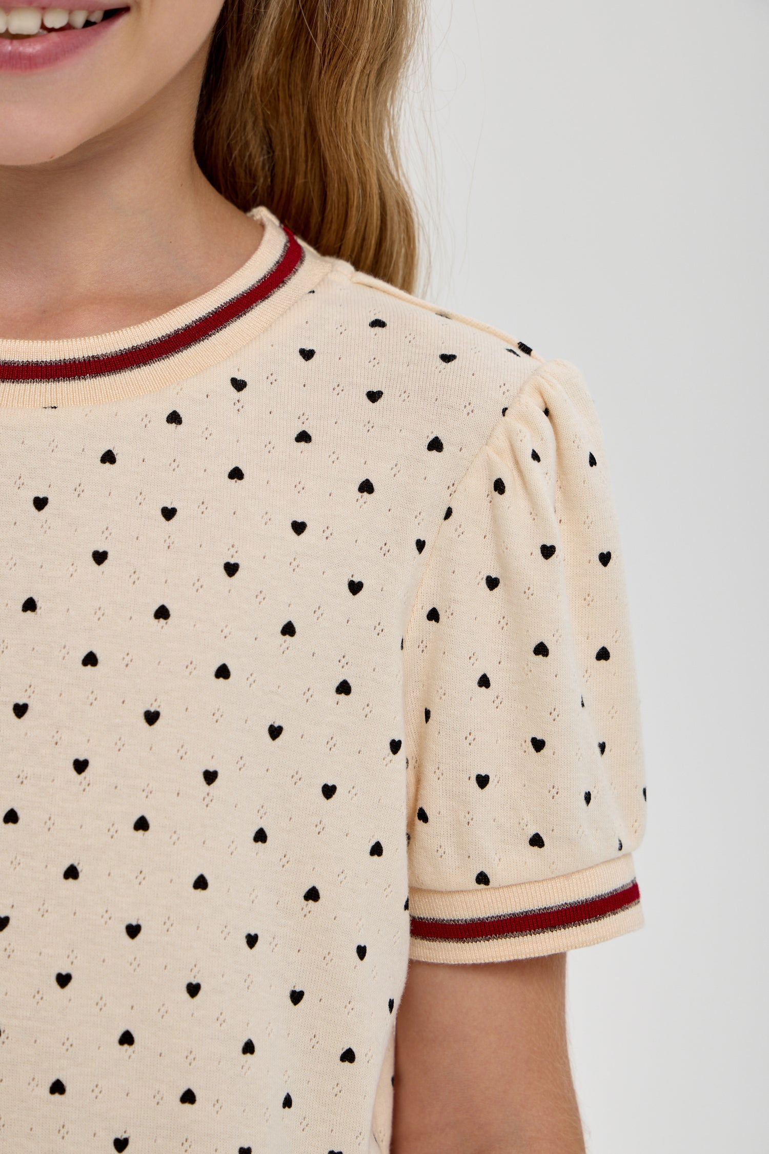 Girls’ Cotton T-Shirt with Heart Print &amp; Detail