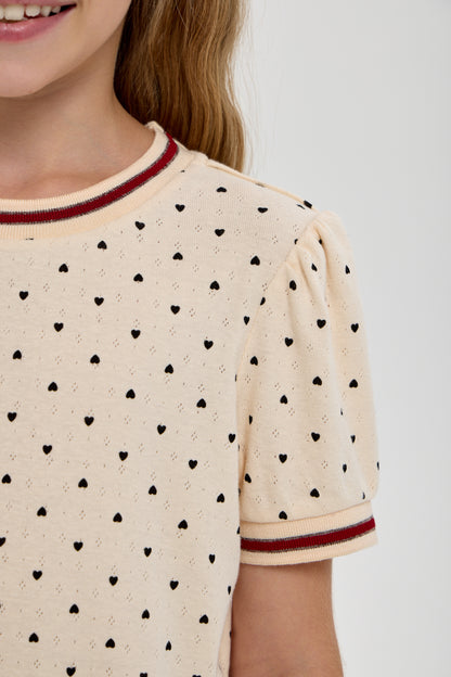 Girls’ Cotton T-Shirt with Heart Print &amp; Detail