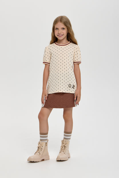 Girls’ Cotton T-Shirt with Heart Print &amp; Detail