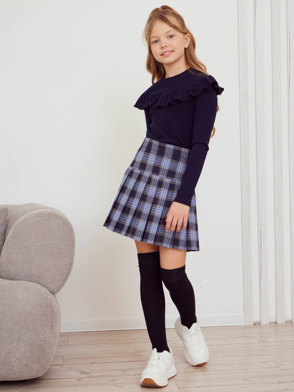 Blue Plaid Pleated Skirt