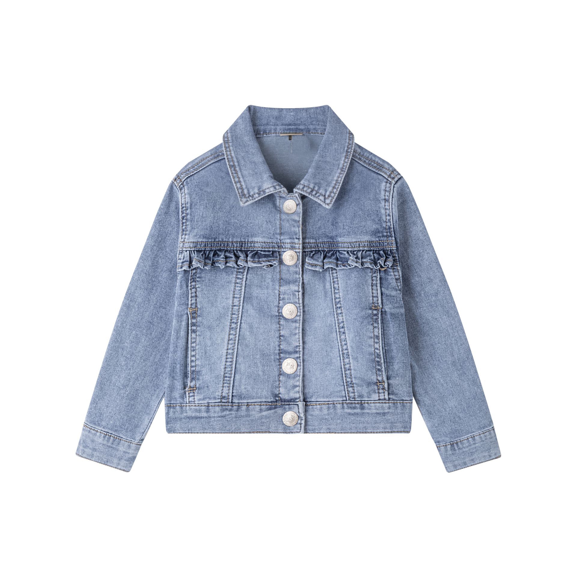 Blue denim jacket with ruffles