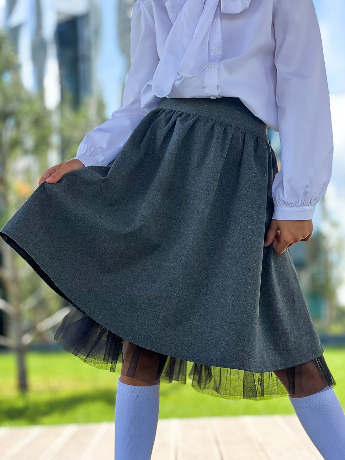 Grey Flared Skirt with Tulle Detail